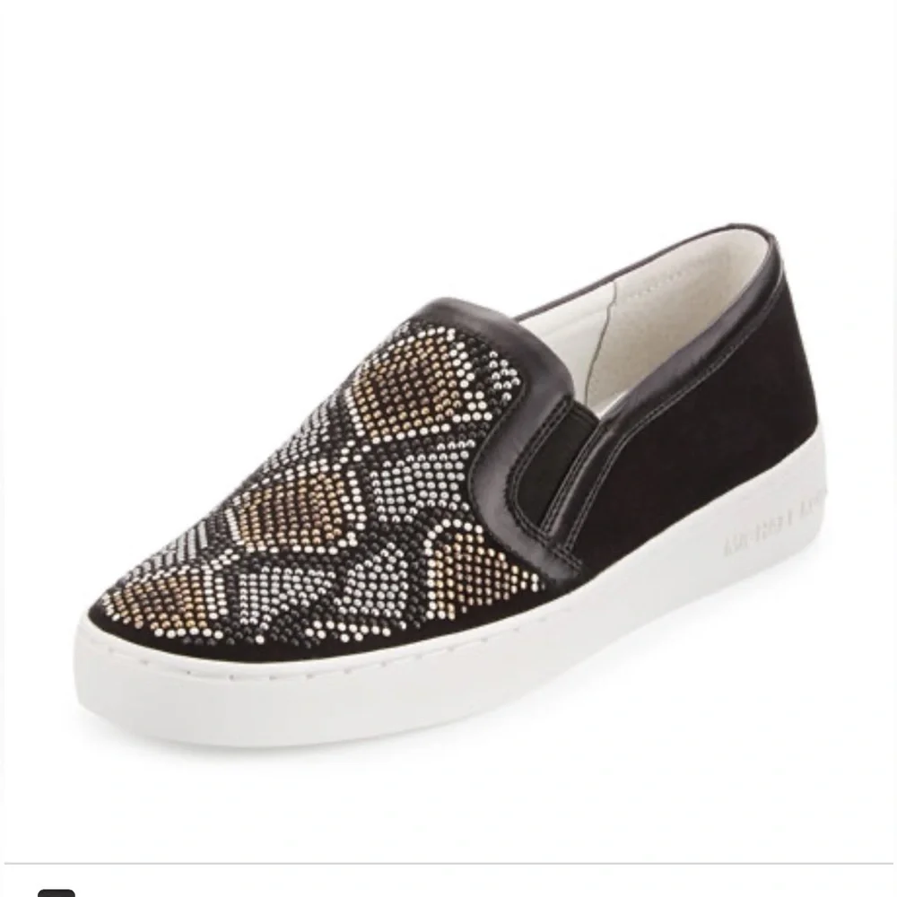 EUC Michael Kors Leo beaded suede leather slip on cute sneakers size 8 or 38.5